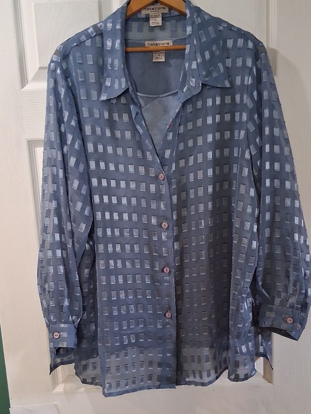 Notations Sheer Blue Windowpane Button-Up Top With Satin Feel Camisole